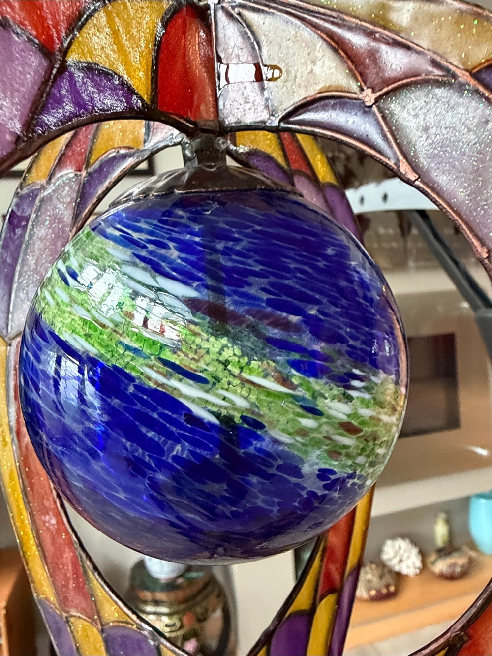 Vintage Stained Glass Hot Air Balloon Hanging Art - Purple, Yellow & Blue - Picture 3 of 10